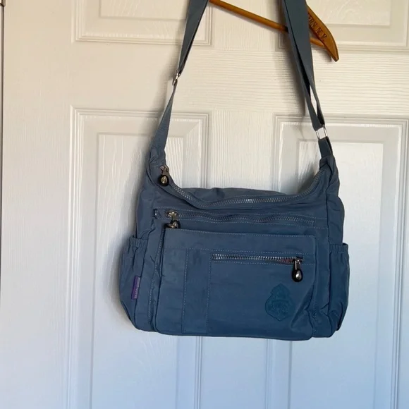 Multi Pockets Waterproof Nylon Shoulder Handbag Light Blue - Picture 3 of 5